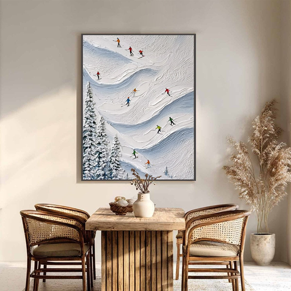 ALPINE RUSH: Textured Impasto Painting of Skiers on a Snowy Mountain1