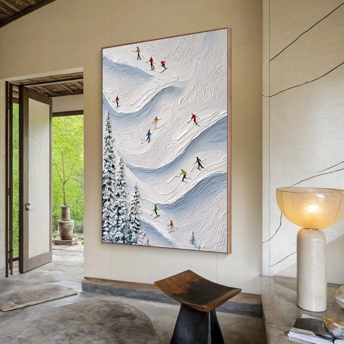 ALPINE RUSH: Textured Impasto Painting of Skiers on a Snowy Mountain1