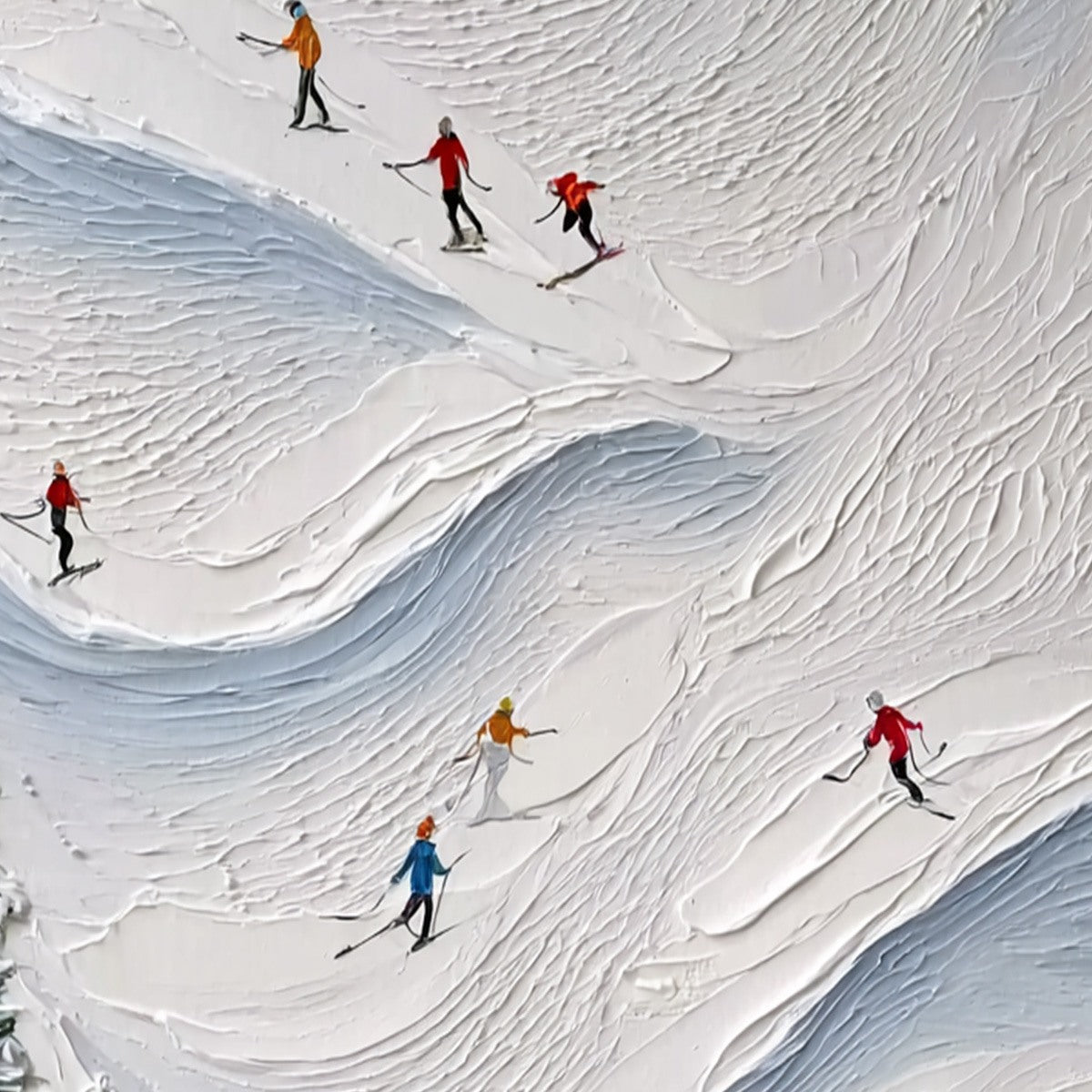 ALPINE RUSH: Textured Impasto Painting of Skiers on a Snowy Mountain1