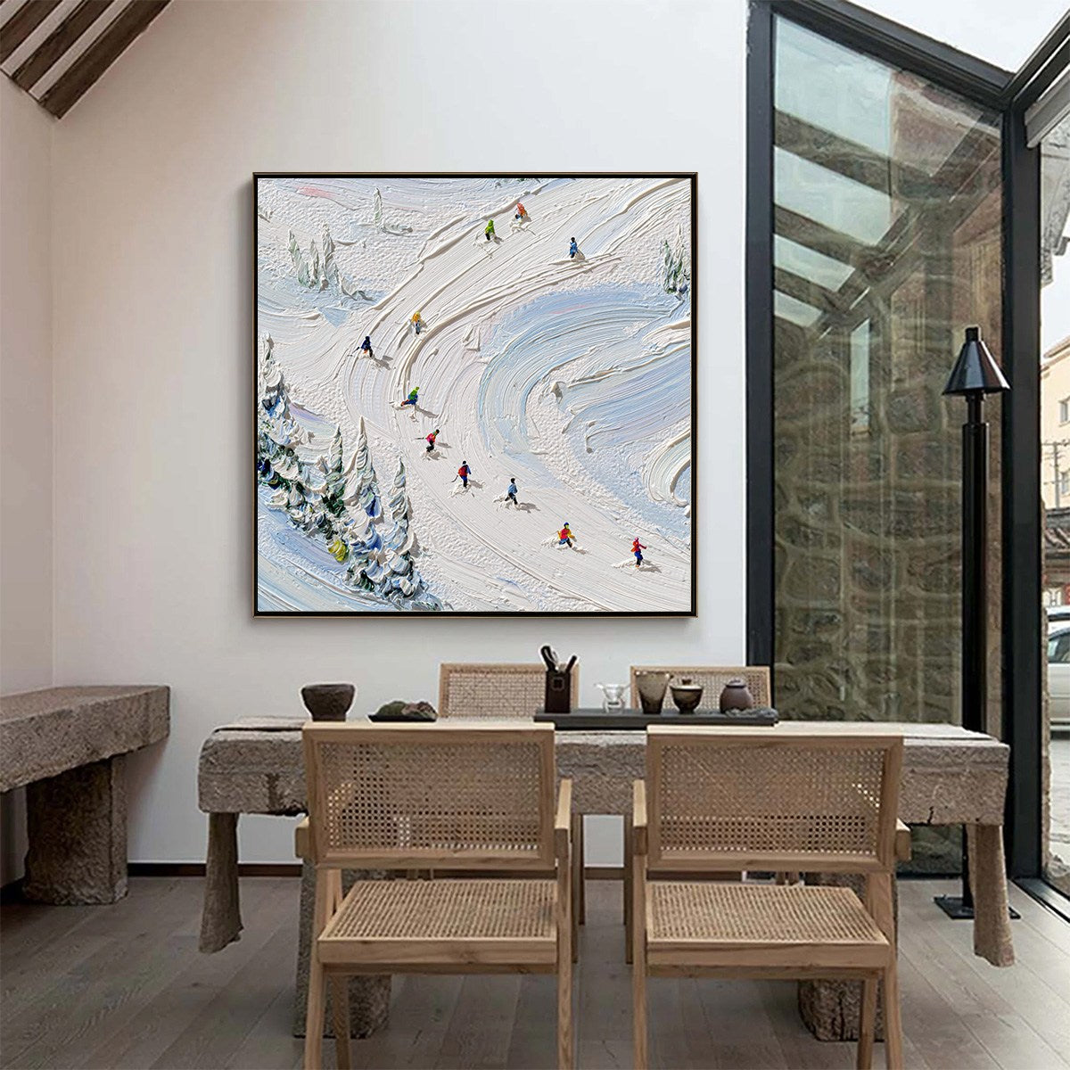 ALPINE RUSH: Textured Impasto Painting of Skiers on a Snowy Mountain