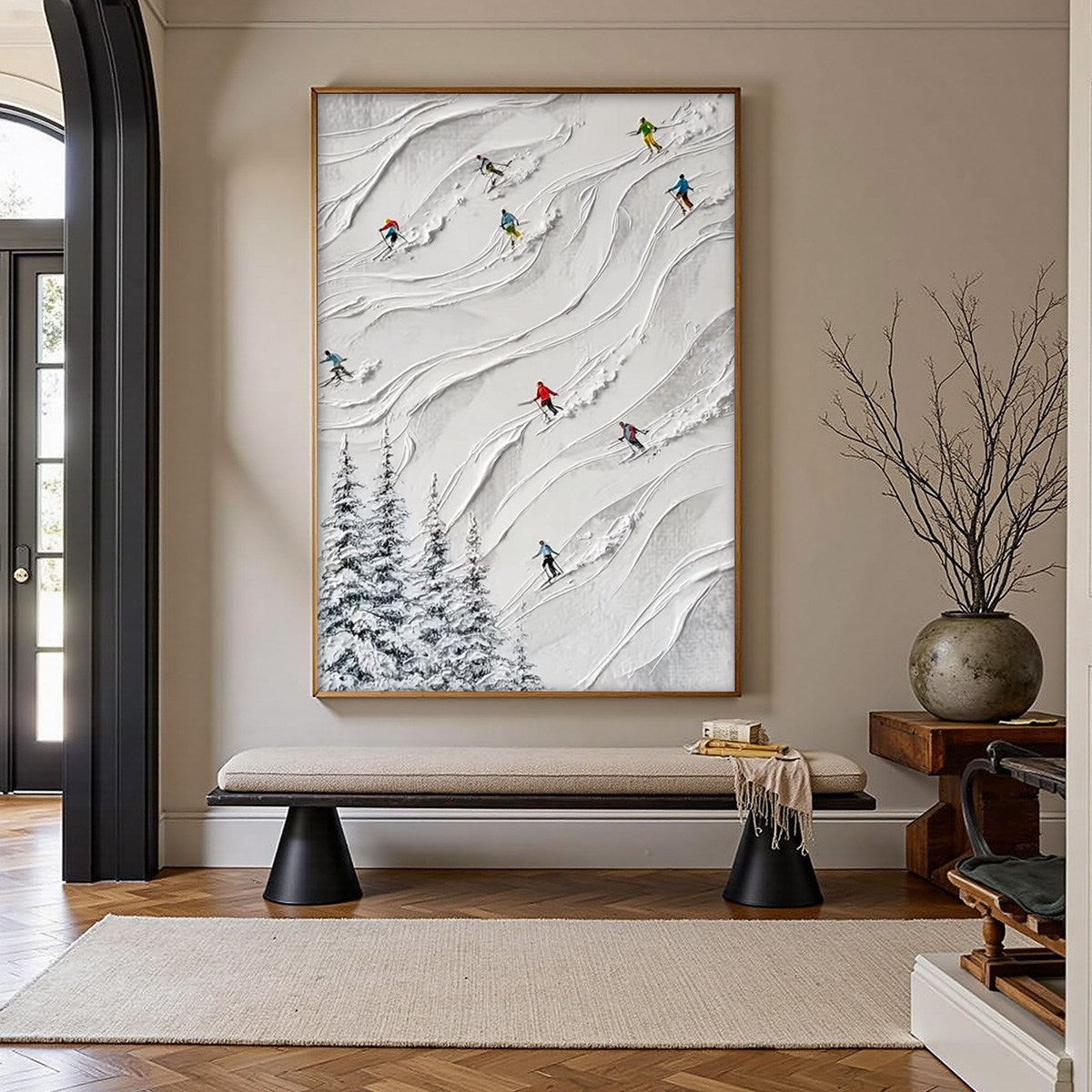 ALPINE RUSH: Textured Impasto Painting of Skiers on a Snowy Mountain