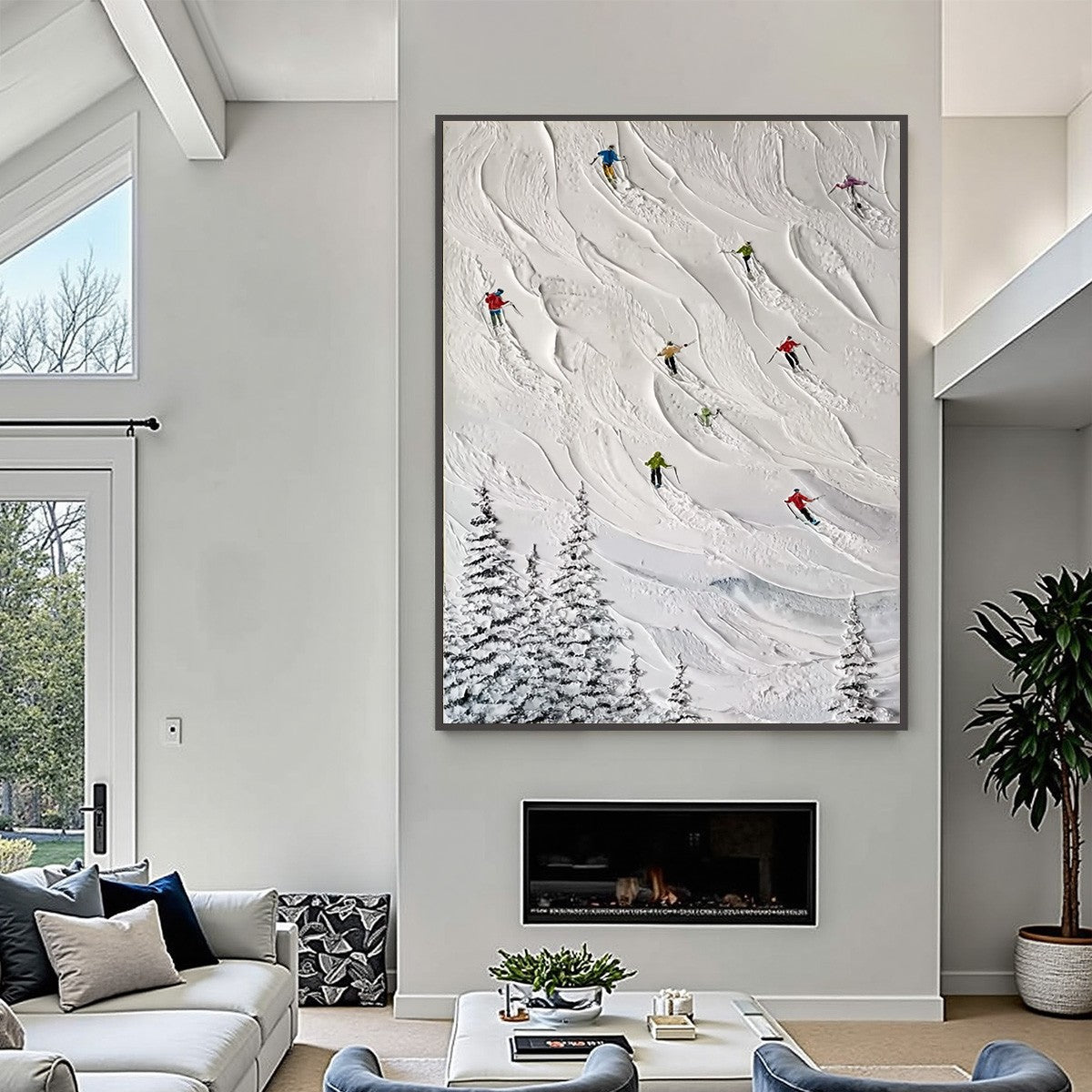 ALPINE RUSH: Textured Impasto Painting of Skiers on a Snowy Mountain