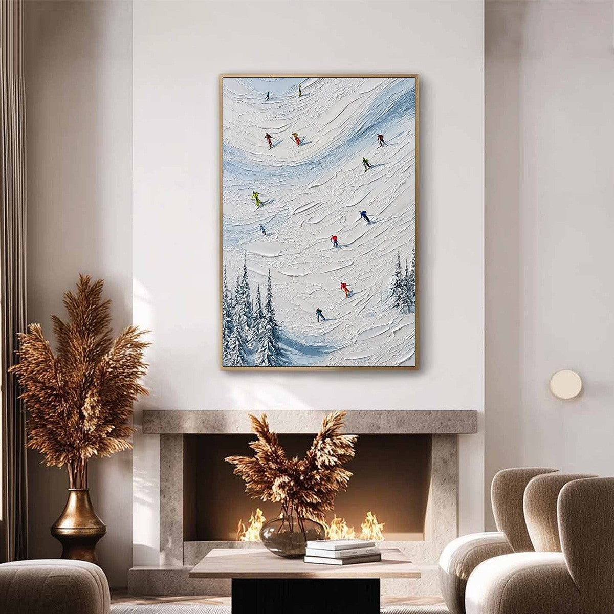 ALPINE RUSH: Textured Impasto Painting of Skiers on a Snowy Mountain