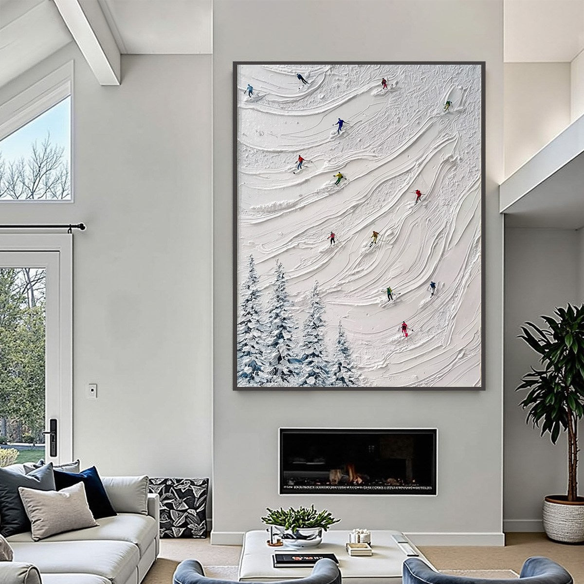 ALPINE RUSH: Textured Impasto Painting of Skiers on a Snowy Mountain
