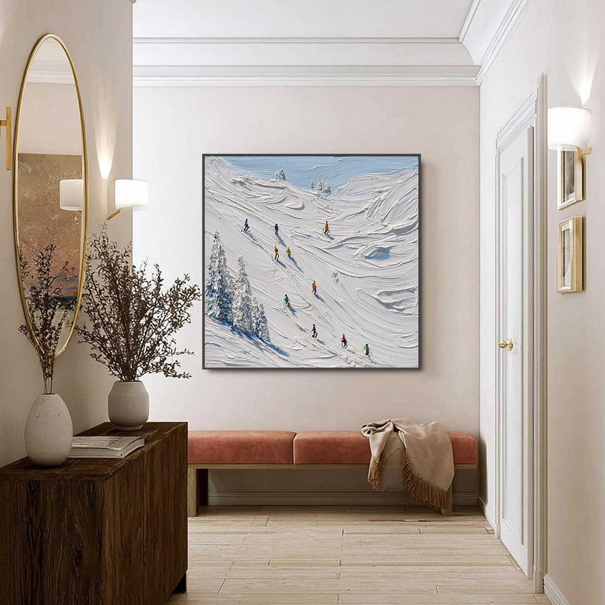 ALPINE RUSH: Textured Impasto Painting of Skiers on a Snowy Mountain