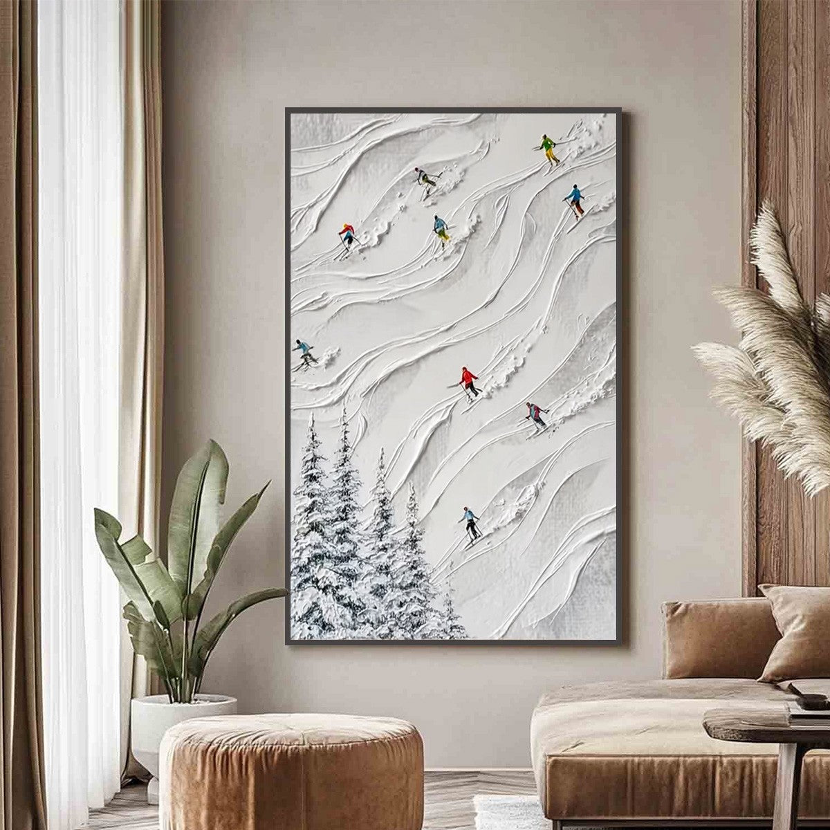 ALPINE RUSH: Textured Impasto Painting of Skiers on a Snowy Mountain