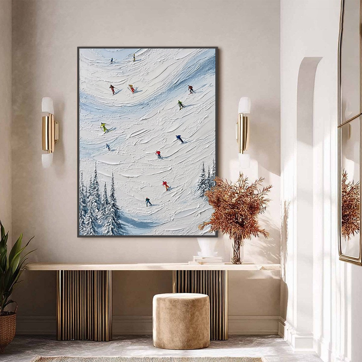 ALPINE RUSH: Textured Impasto Painting of Skiers on a Snowy Mountain