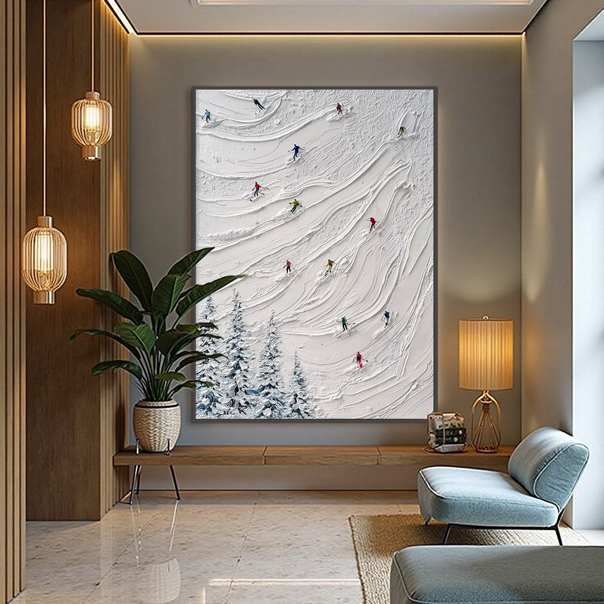 ALPINE RUSH: Textured Impasto Painting of Skiers on a Snowy Mountain