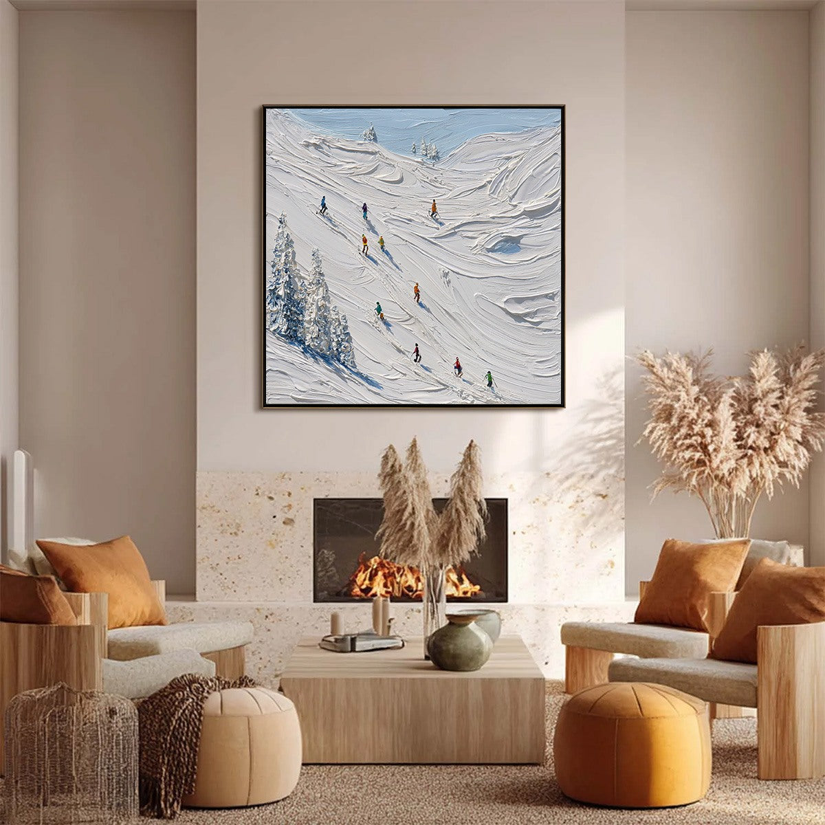 ALPINE RUSH: Textured Impasto Painting of Skiers on a Snowy Mountain