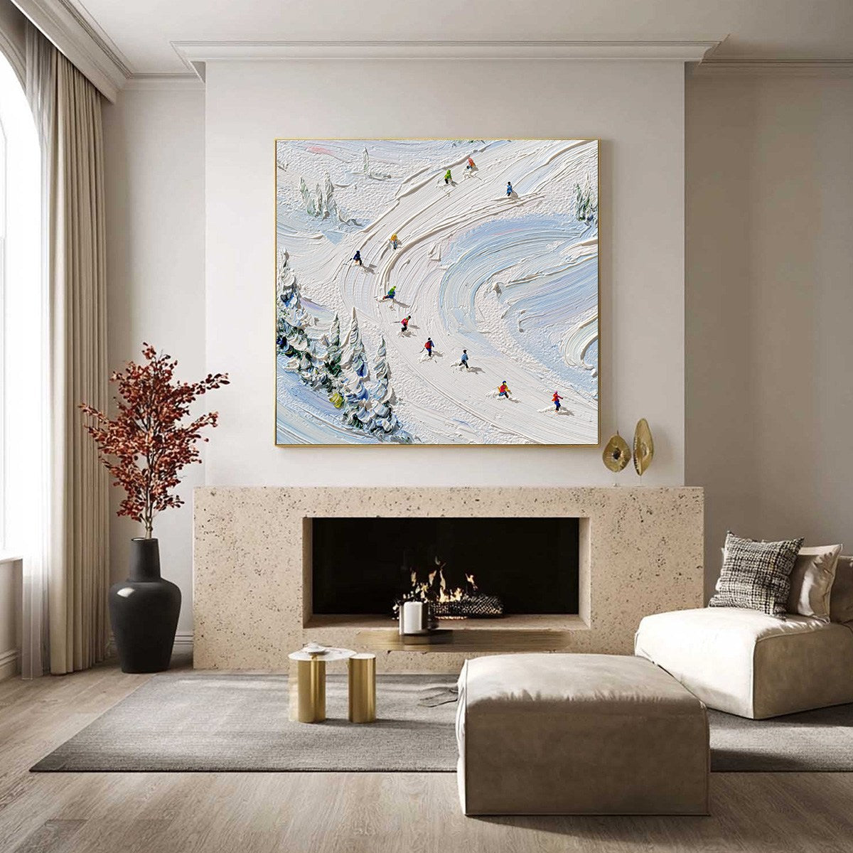 ALPINE RUSH: Textured Impasto Painting of Skiers on a Snowy Mountain