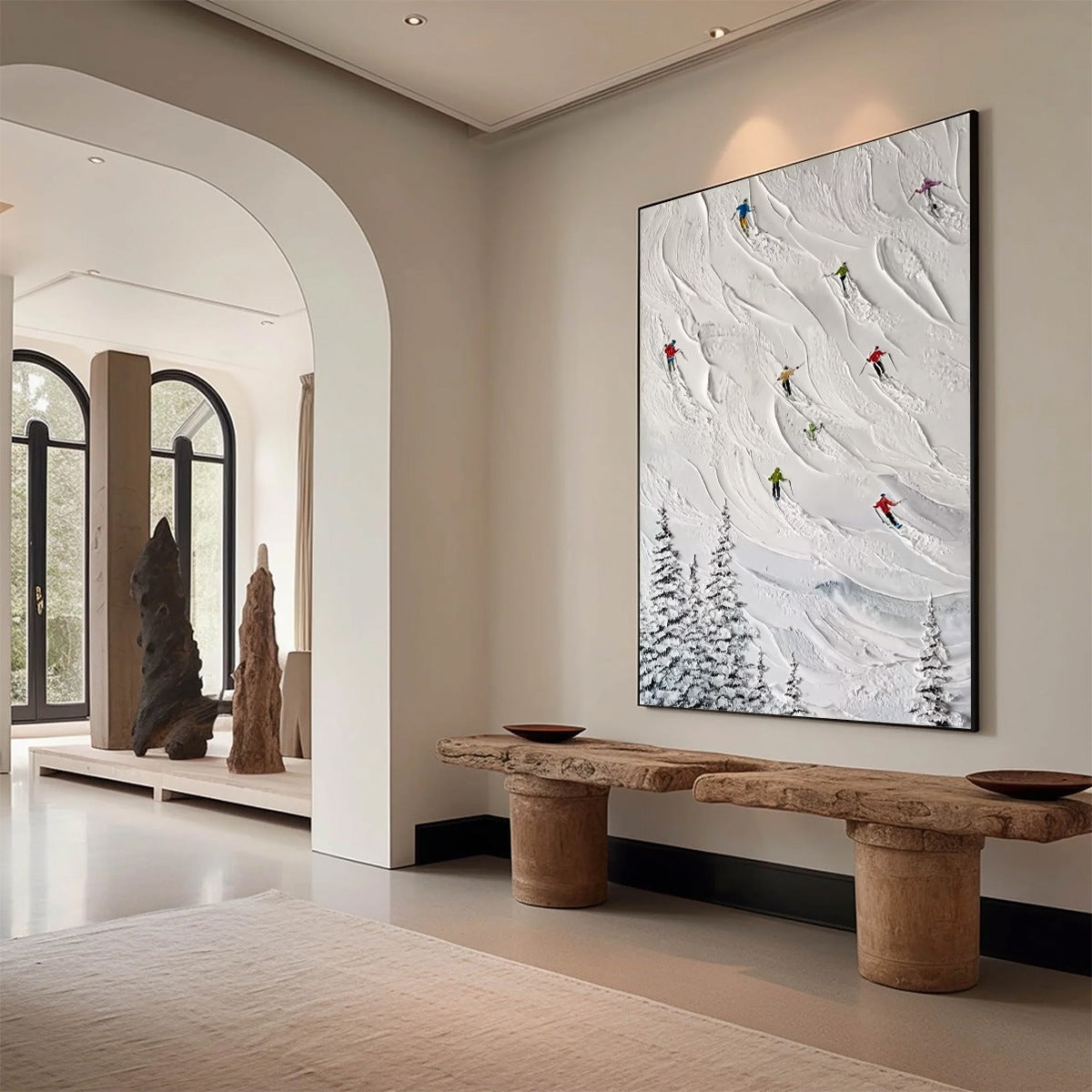 ALPINE RUSH: Textured Impasto Painting of Skiers on a Snowy Mountain