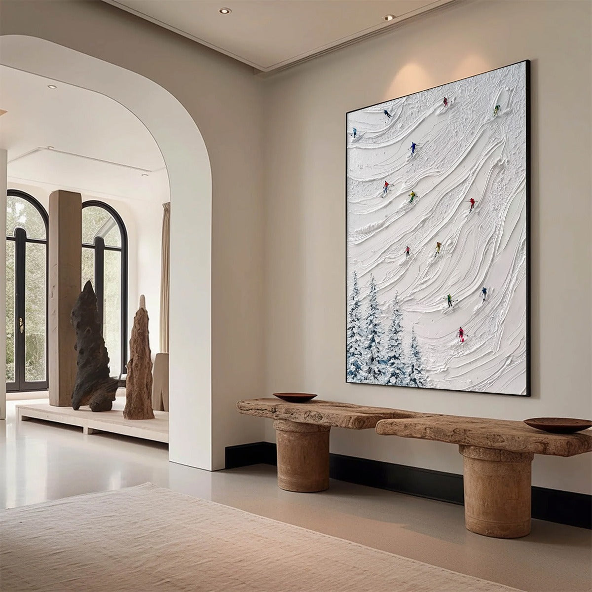 ALPINE RUSH: Textured Impasto Painting of Skiers on a Snowy Mountain