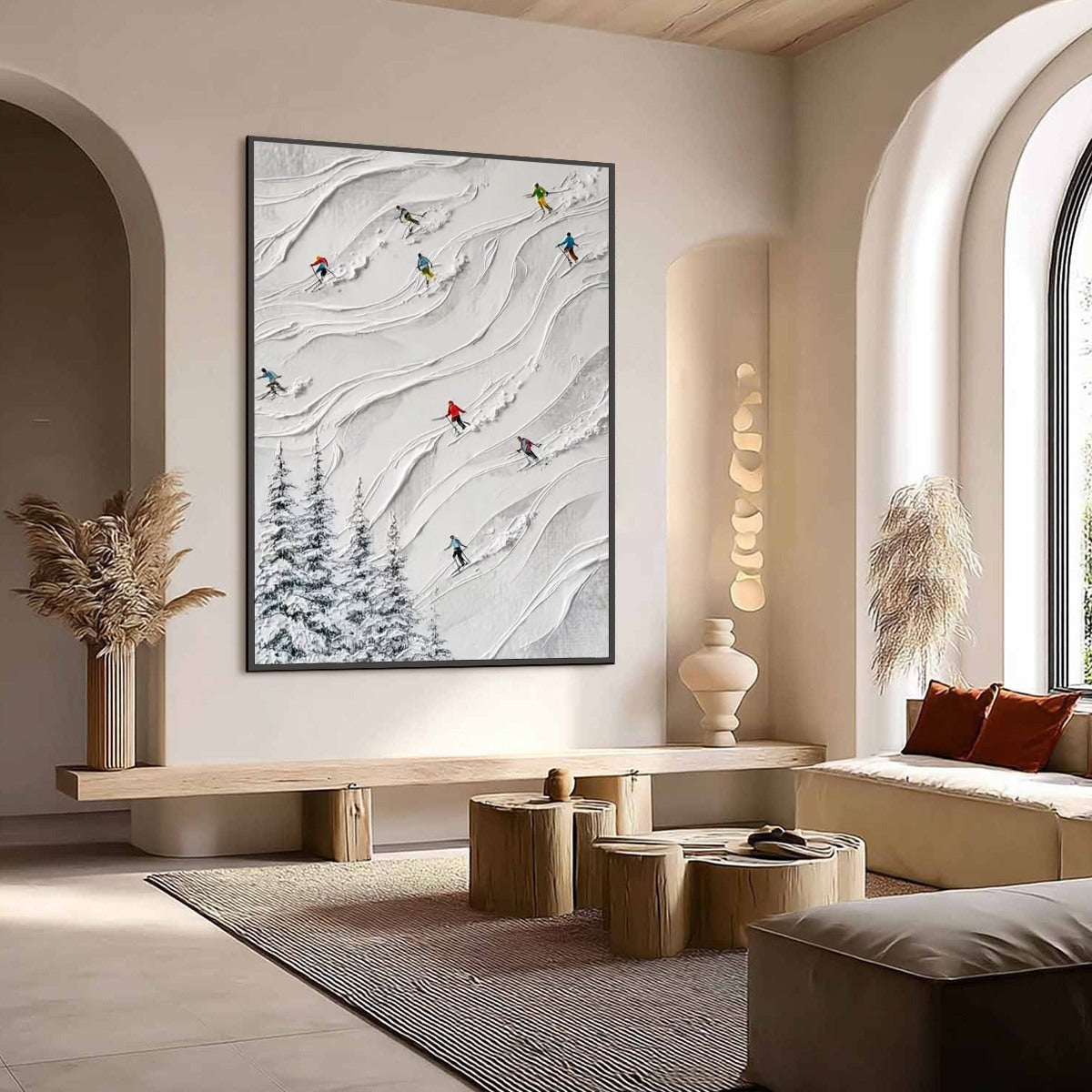 ALPINE RUSH: Textured Impasto Painting of Skiers on a Snowy Mountain