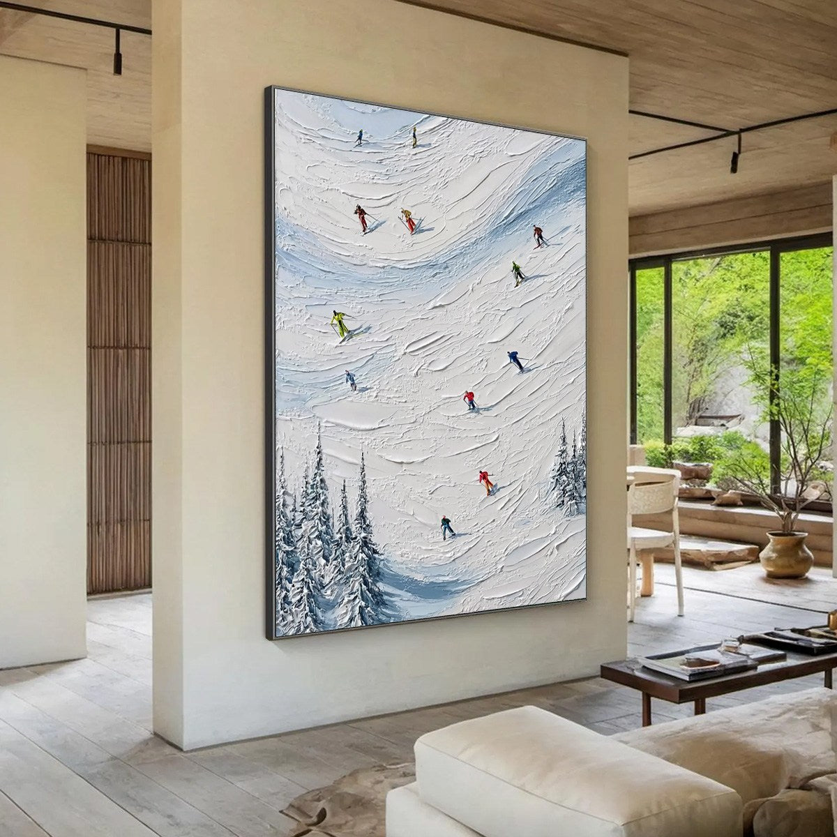 ALPINE RUSH: Textured Impasto Painting of Skiers on a Snowy Mountain