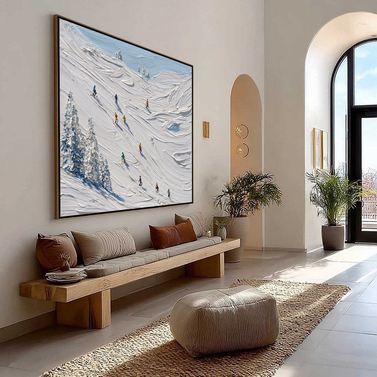ALPINE RUSH: Textured Impasto Painting of Skiers on a Snowy Mountain