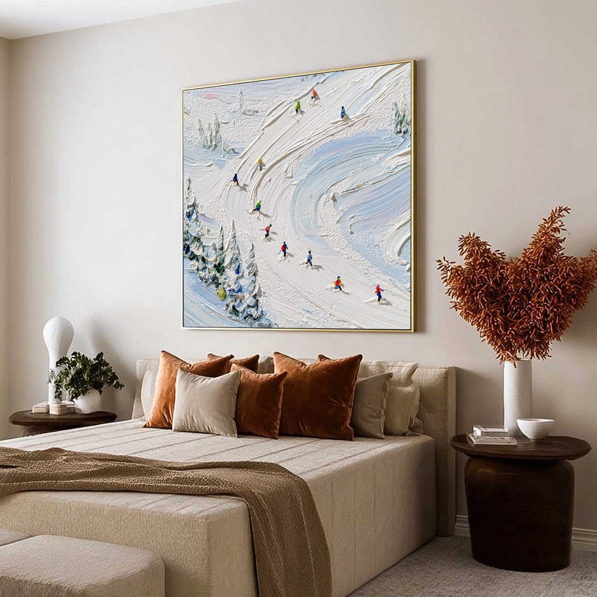 ALPINE RUSH: Textured Impasto Painting of Skiers on a Snowy Mountain
