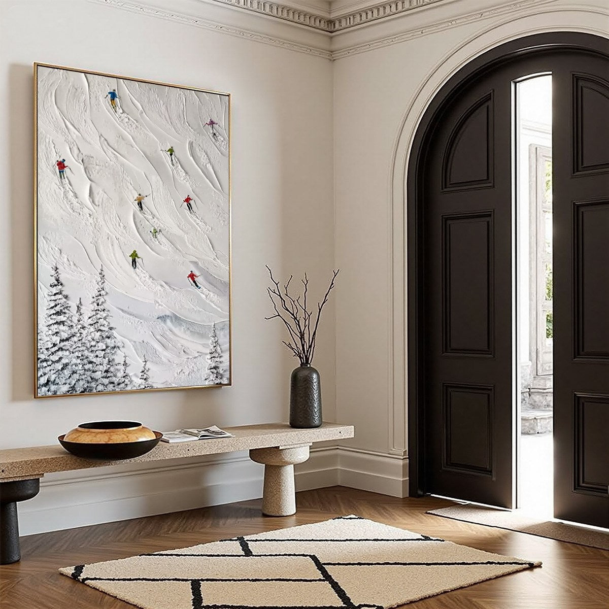 ALPINE RUSH: Textured Impasto Painting of Skiers on a Snowy Mountain