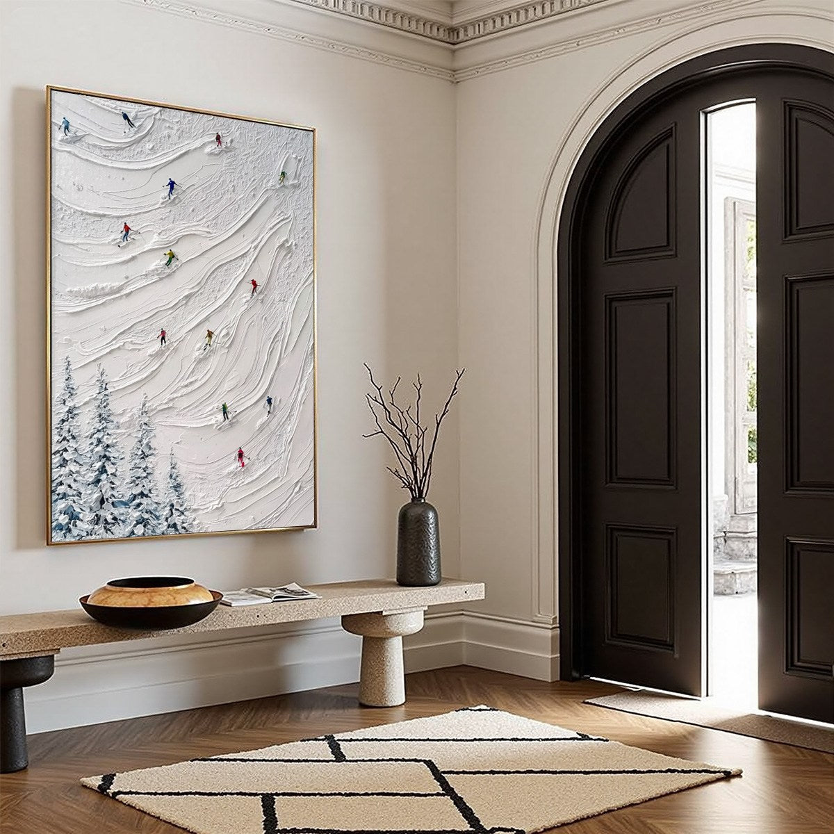 ALPINE RUSH: Textured Impasto Painting of Skiers on a Snowy Mountain