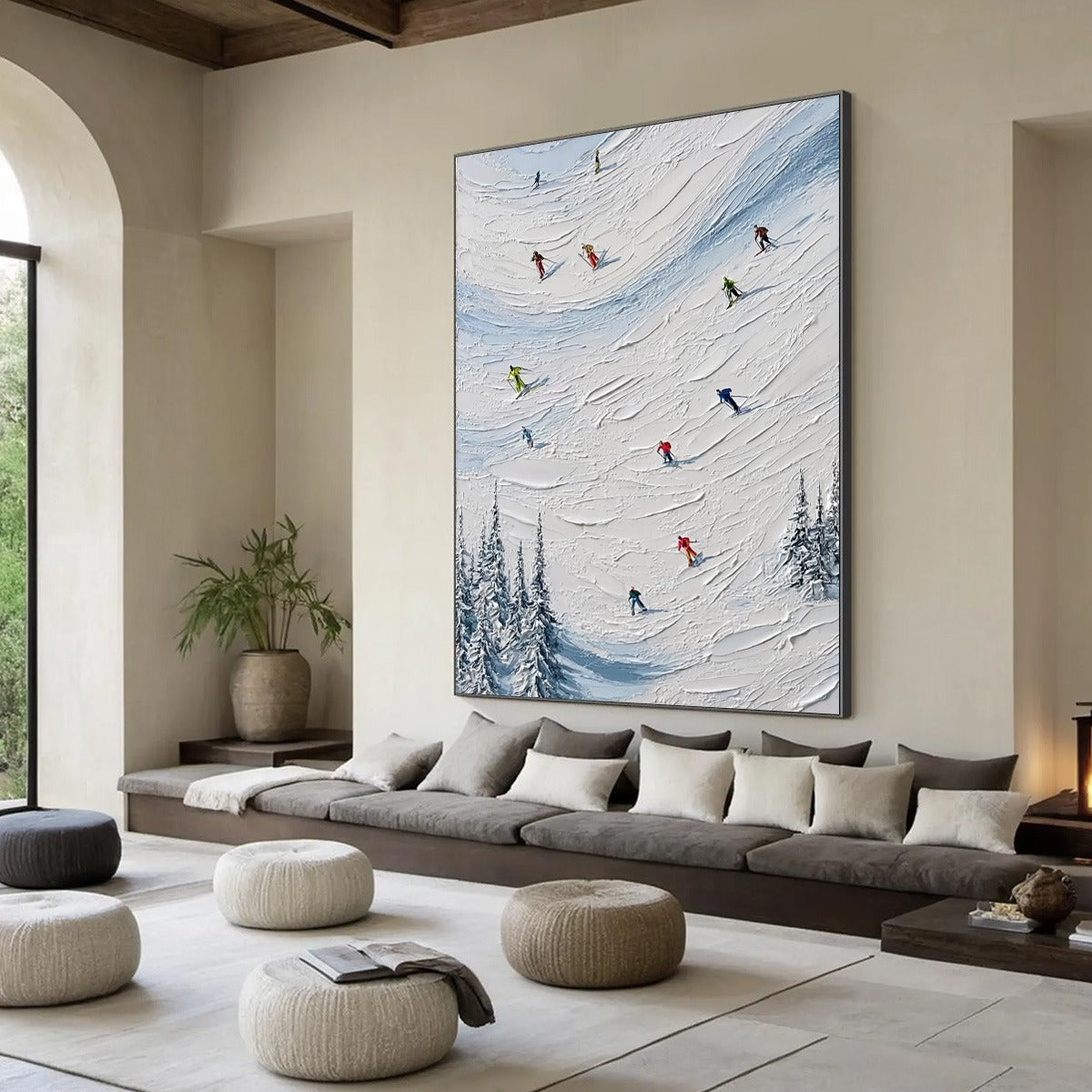 ALPINE RUSH: Textured Impasto Painting of Skiers on a Snowy Mountain