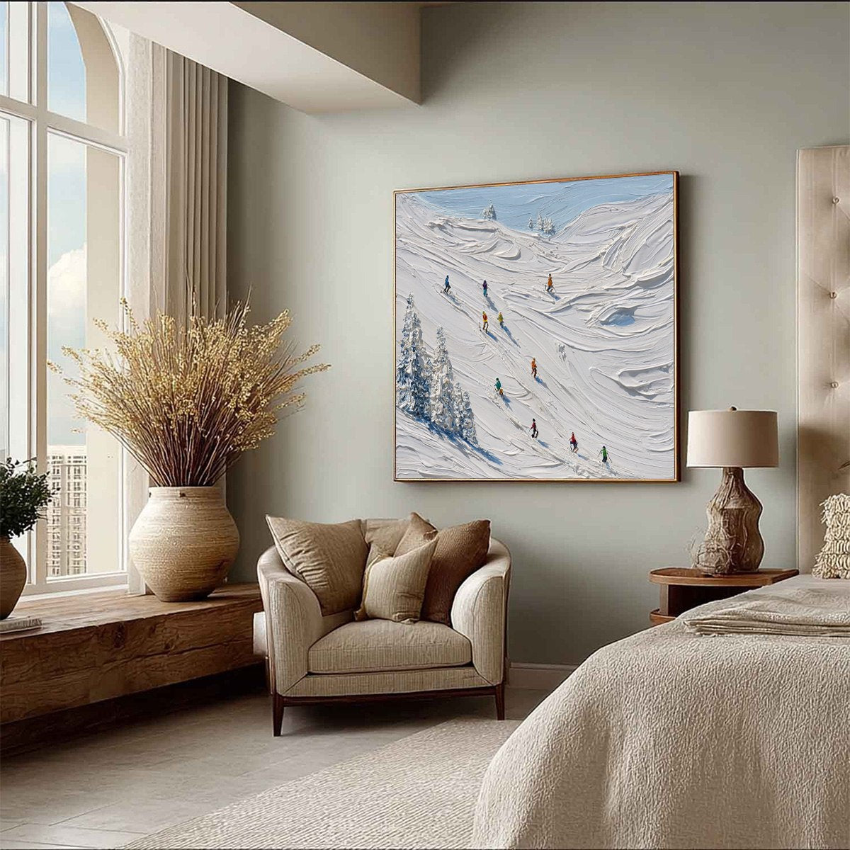 ALPINE RUSH: Textured Impasto Painting of Skiers on a Snowy Mountain