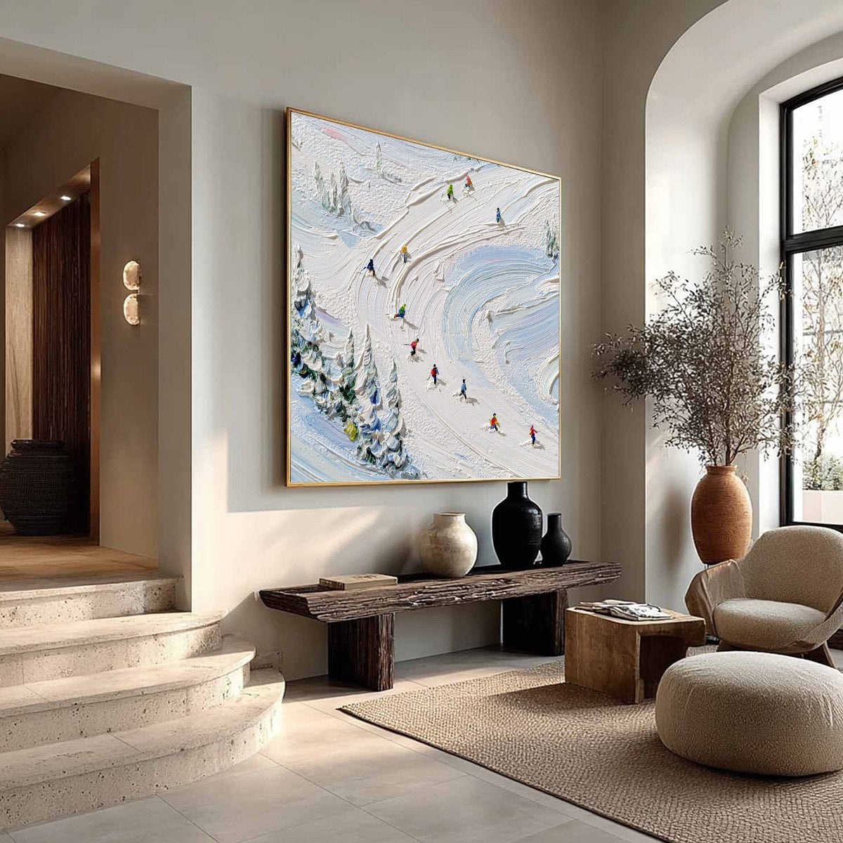 ALPINE RUSH: Textured Impasto Painting of Skiers on a Snowy Mountain