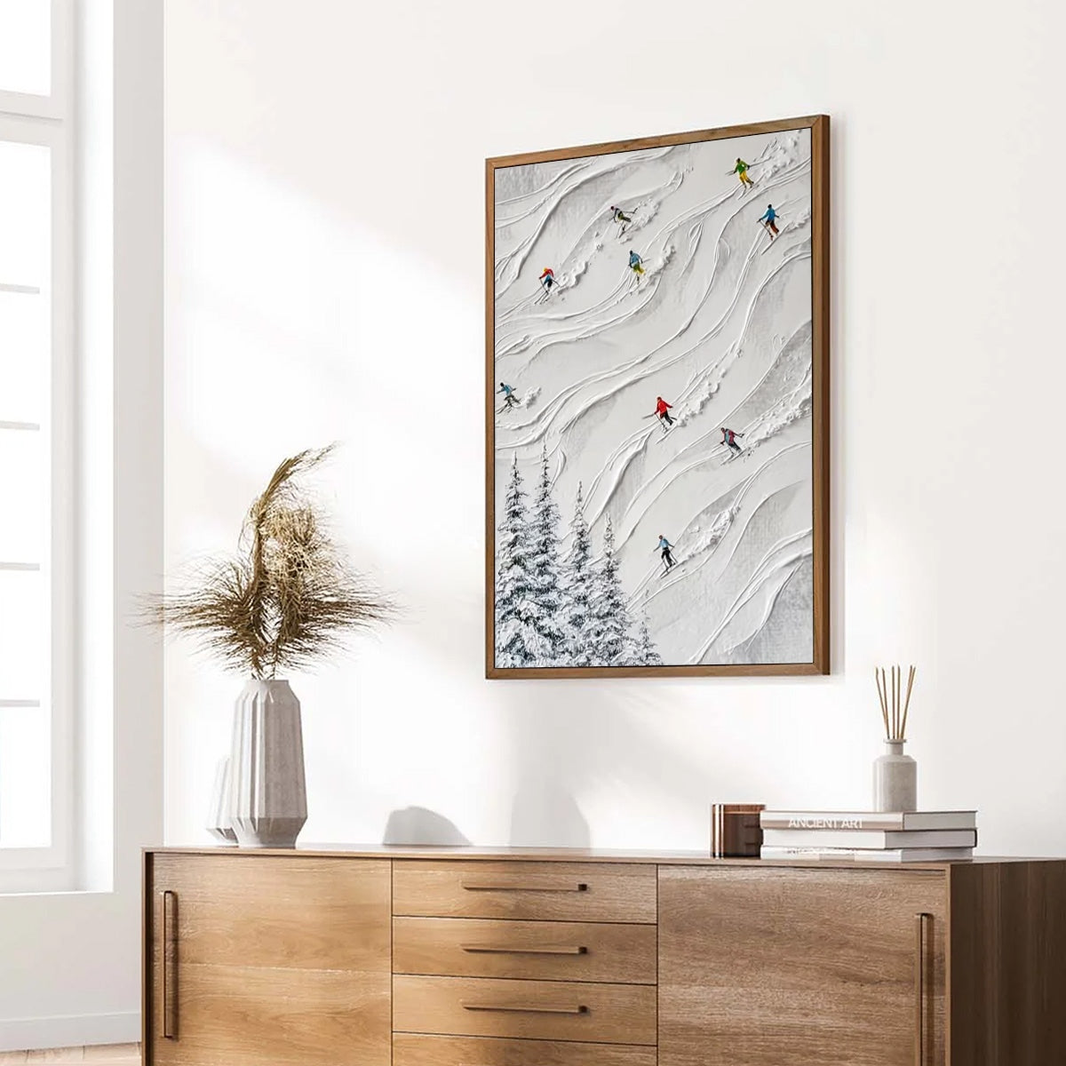 ALPINE RUSH: Textured Impasto Painting of Skiers on a Snowy Mountain