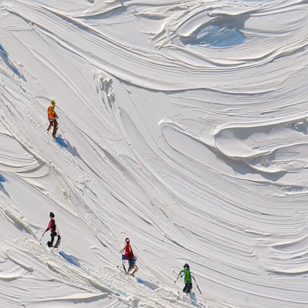 ALPINE RUSH: Textured Impasto Painting of Skiers on a Snowy Mountain