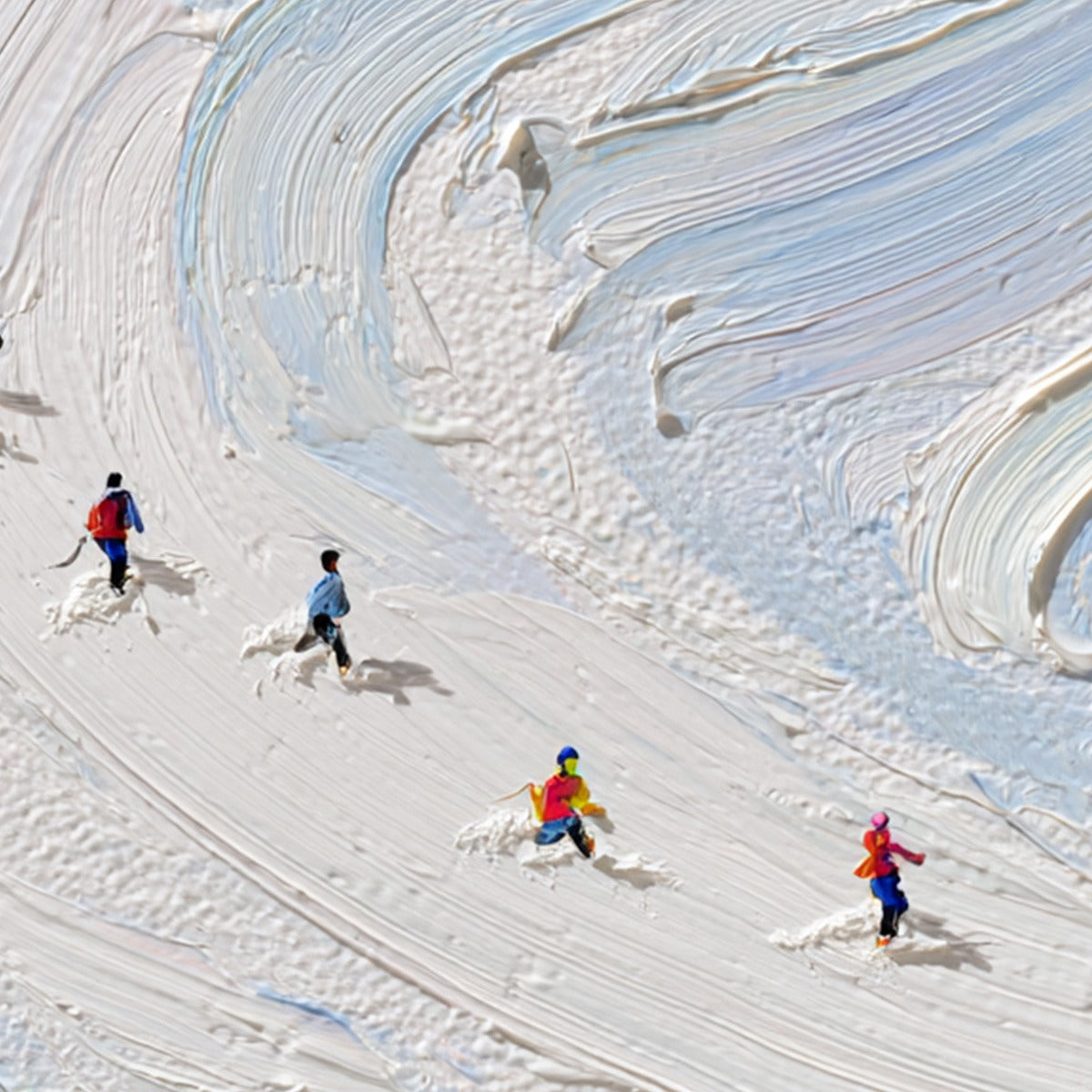 ALPINE RUSH: Textured Impasto Painting of Skiers on a Snowy Mountain