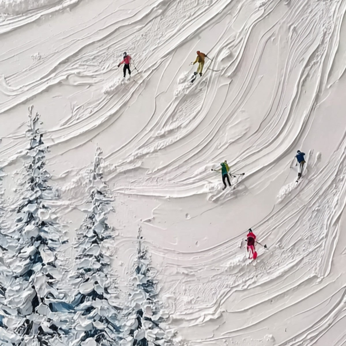 ALPINE RUSH: Textured Impasto Painting of Skiers on a Snowy Mountain