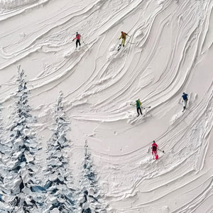 ALPINE RUSH: Textured Impasto Painting of Skiers on a Snowy Mountain