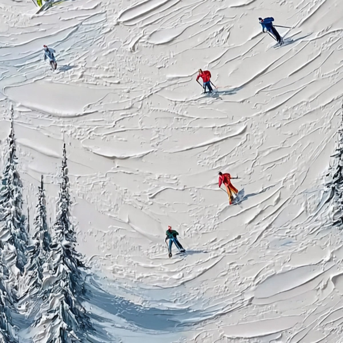ALPINE RUSH: Textured Impasto Painting of Skiers on a Snowy Mountain