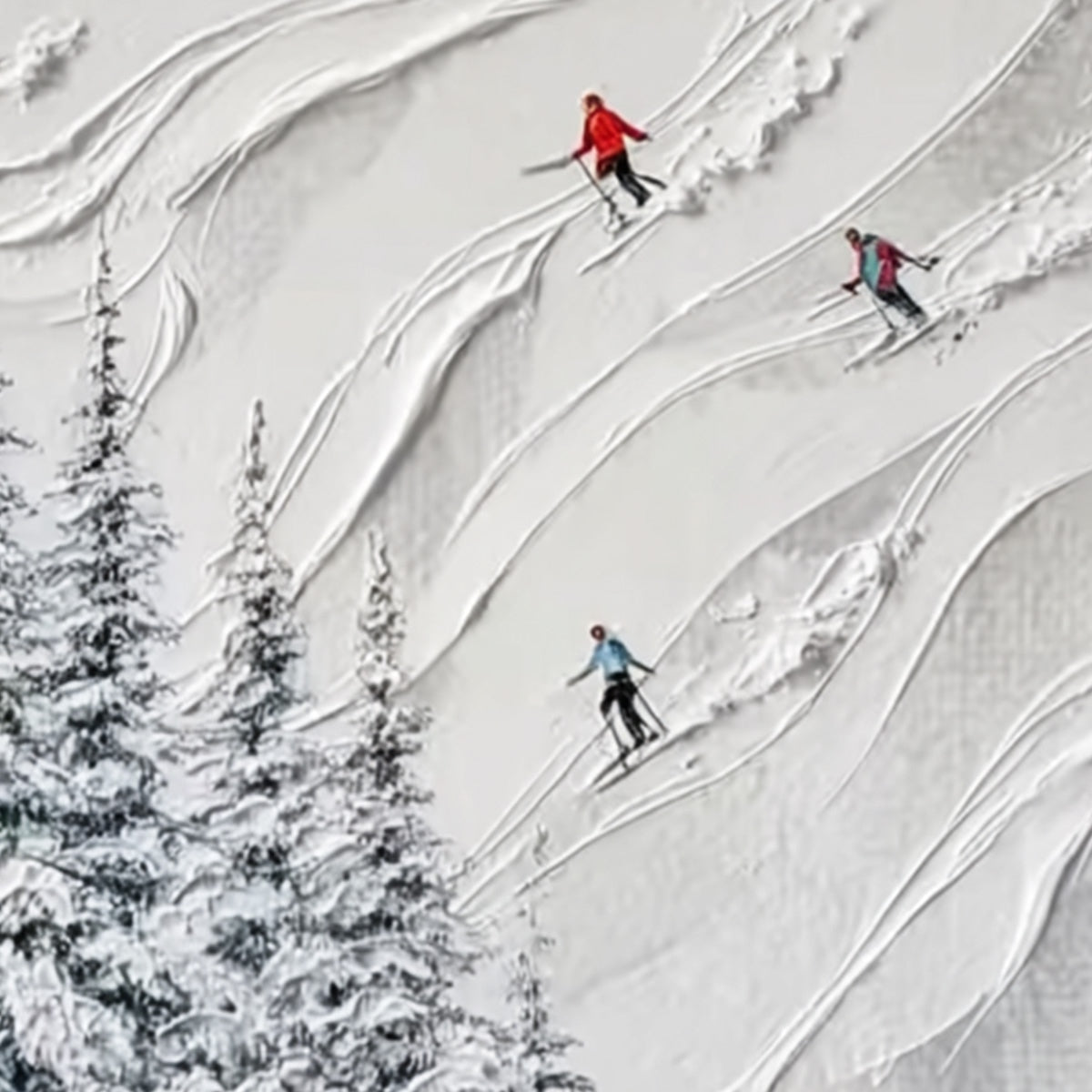 ALPINE RUSH: Textured Impasto Painting of Skiers on a Snowy Mountain