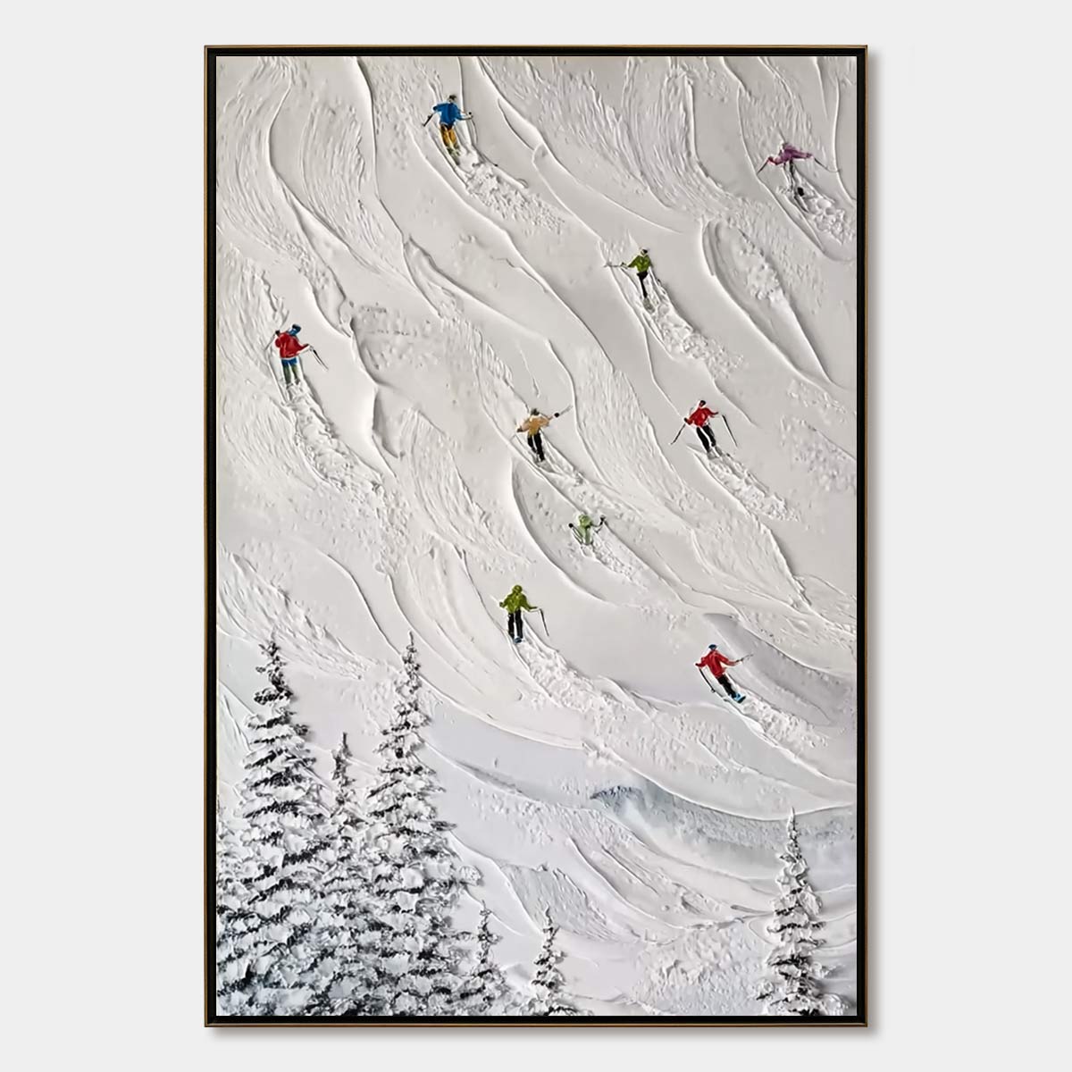 ALPINE RUSH: Textured Impasto Painting of Skiers on a Snowy Mountain