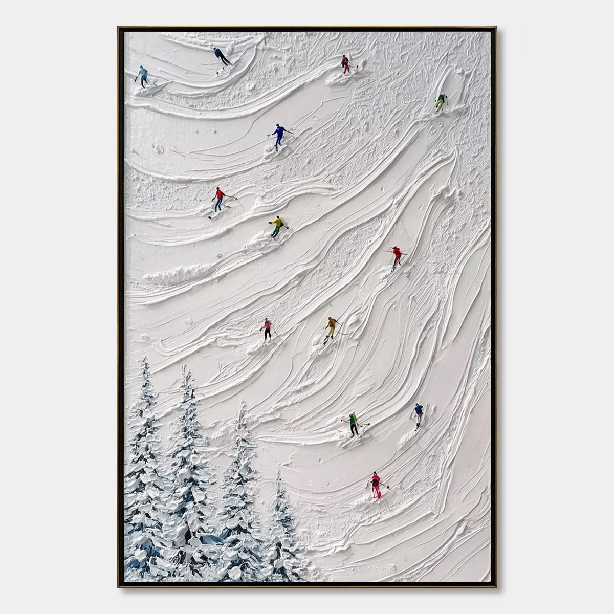 ALPINE RUSH: Textured Impasto Painting of Skiers on a Snowy Mountain