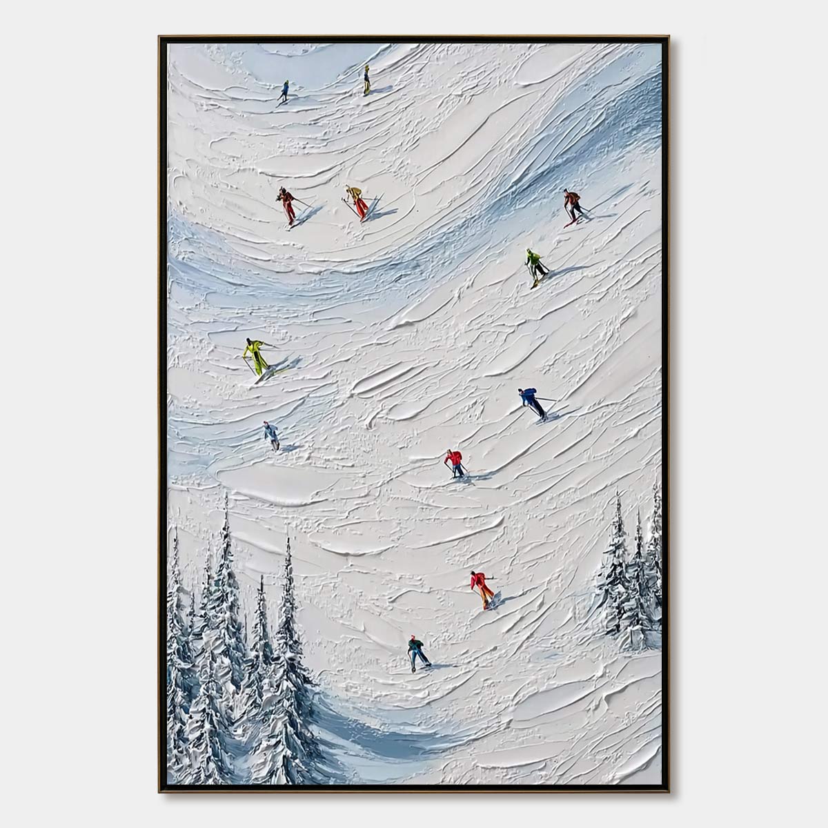 ALPINE RUSH: Textured Impasto Painting of Skiers on a Snowy Mountain