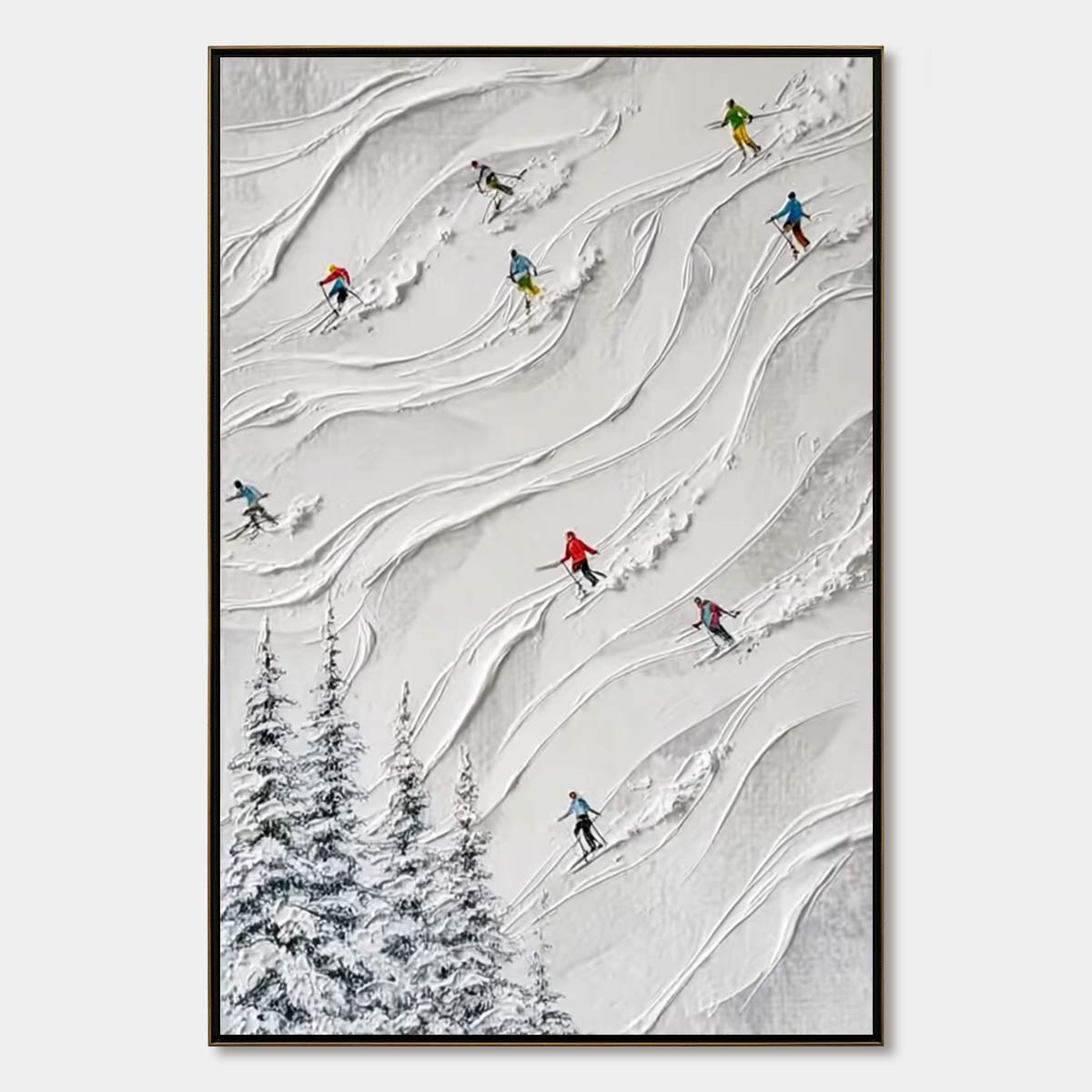 ALPINE RUSH: Textured Impasto Painting of Skiers on a Snowy Mountain