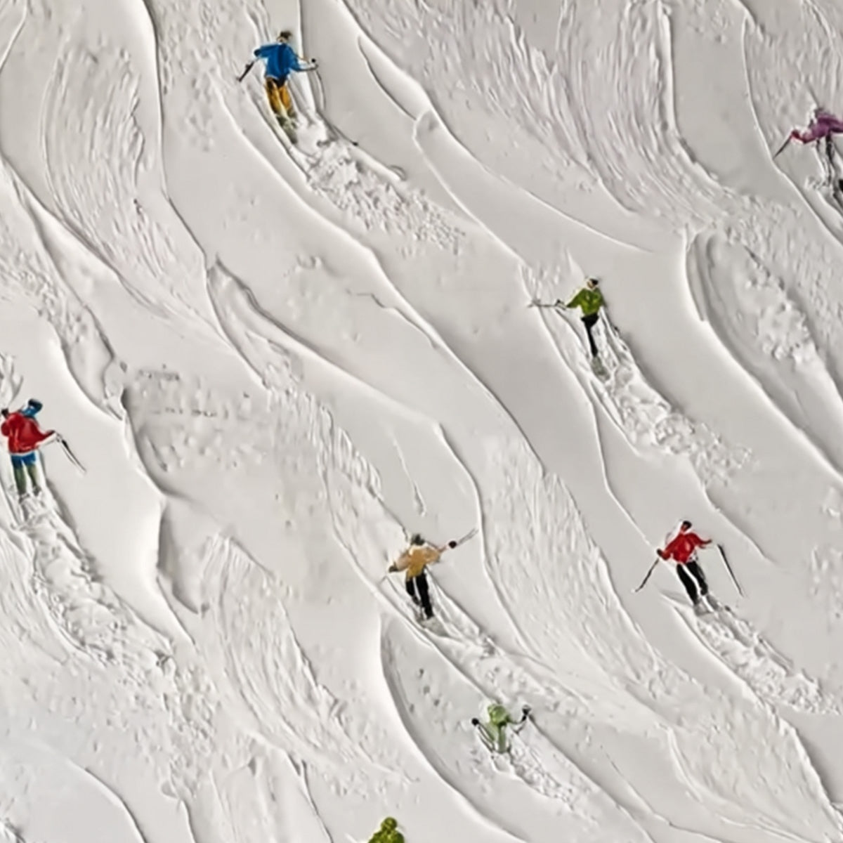 ALPINE RUSH: Textured Impasto Painting of Skiers on a Snowy Mountain