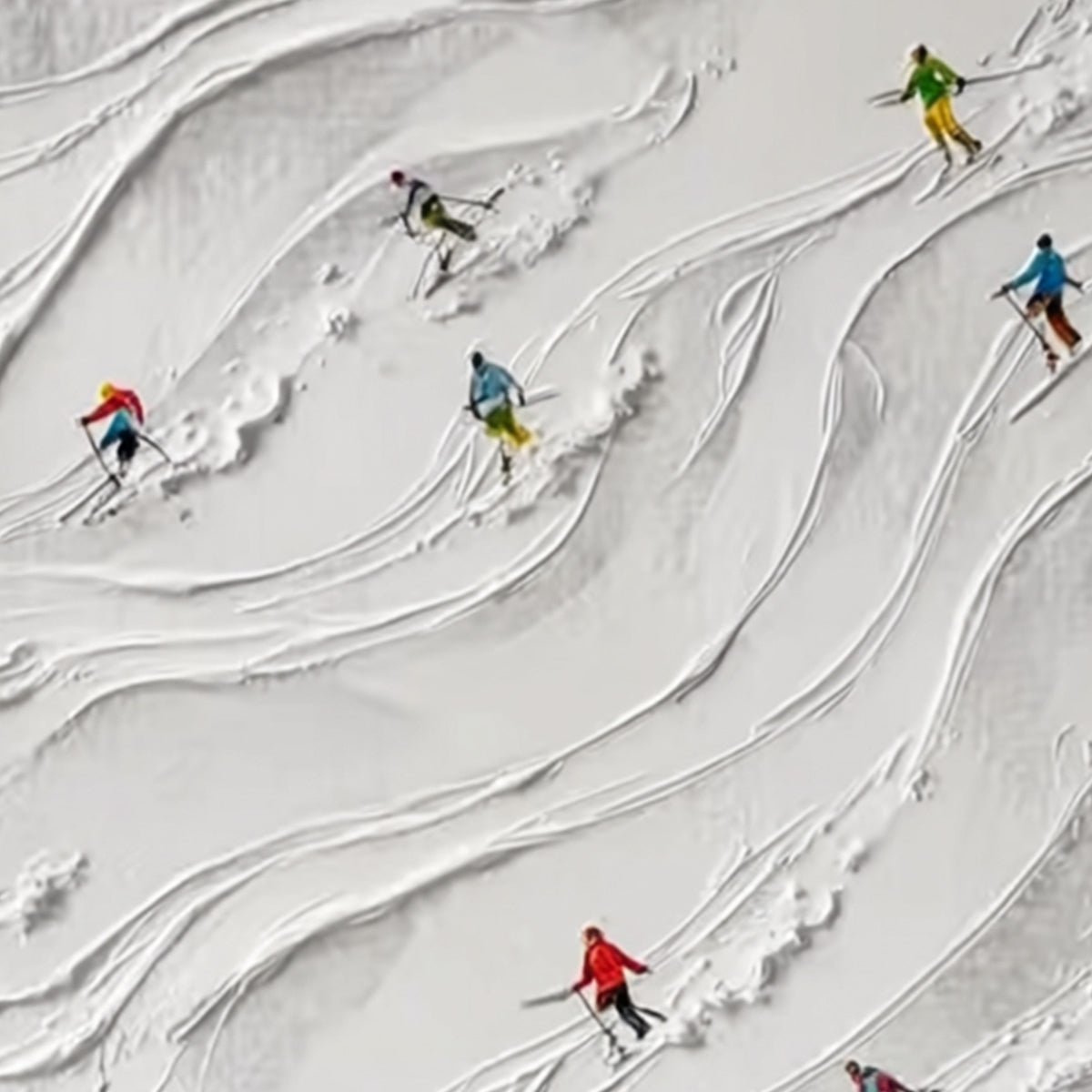 ALPINE RUSH: Textured Impasto Painting of Skiers on a Snowy Mountain