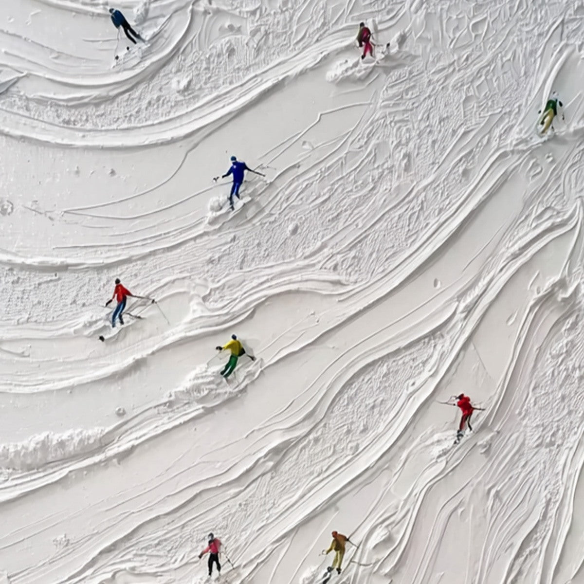 ALPINE RUSH: Textured Impasto Painting of Skiers on a Snowy Mountain