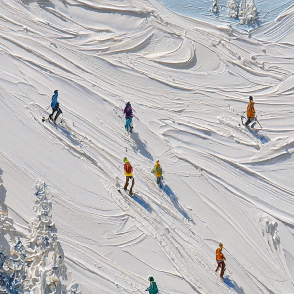 ALPINE RUSH: Textured Impasto Painting of Skiers on a Snowy Mountain