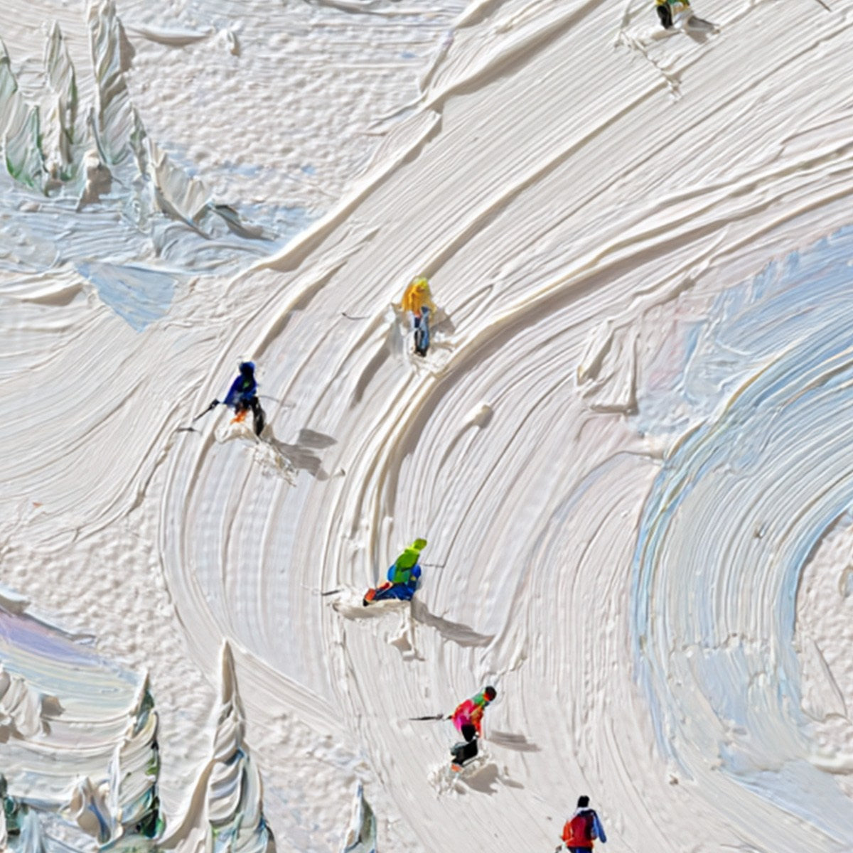 ALPINE RUSH: Textured Impasto Painting of Skiers on a Snowy Mountain