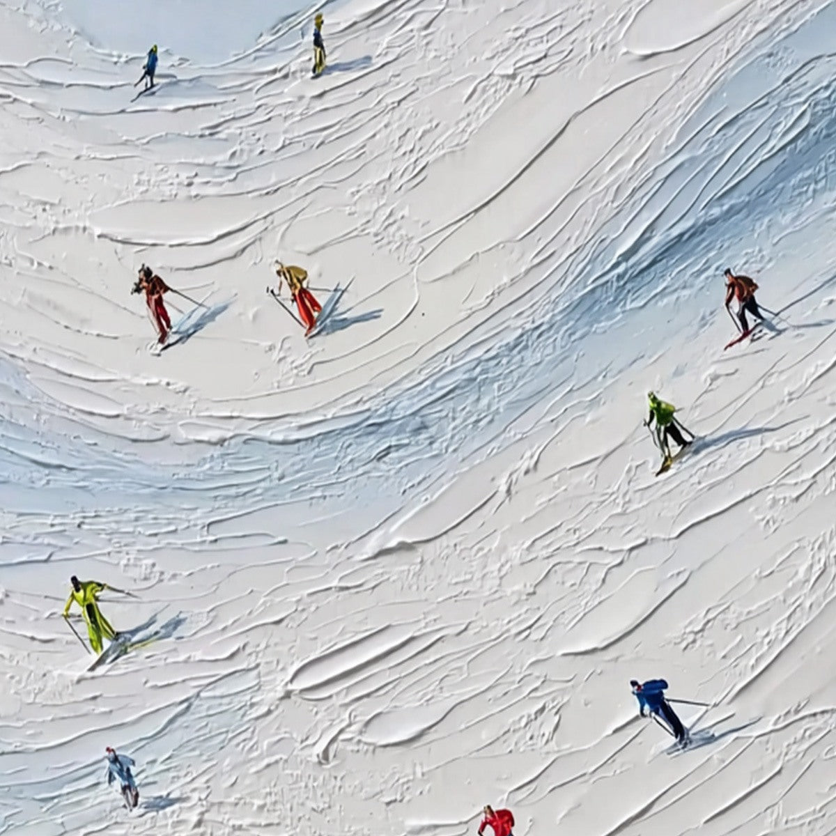 ALPINE RUSH: Textured Impasto Painting of Skiers on a Snowy Mountain