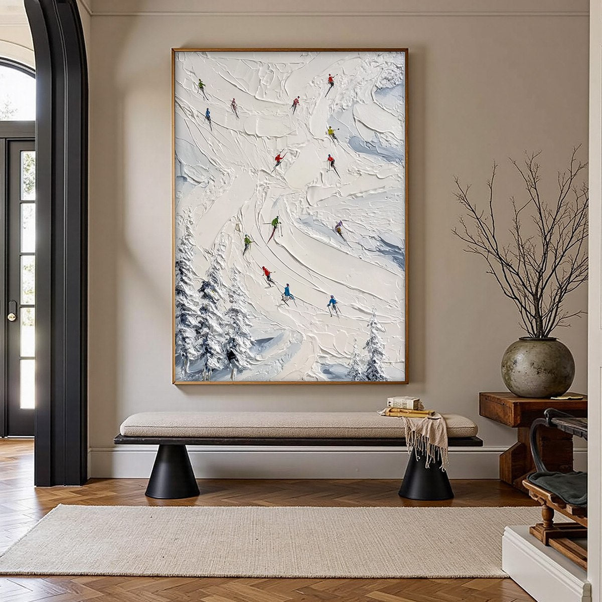 ALPINE RUSH: Textured Impasto Skiing Painting on Canvas