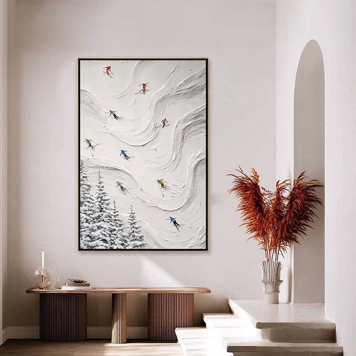 ALPINE RUSH: Textured Impasto Skiing Painting on Canvas