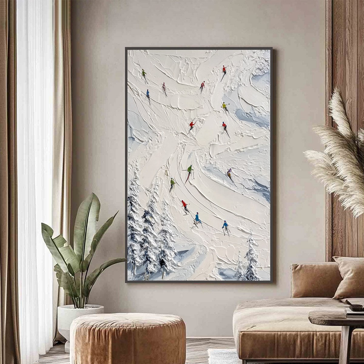 ALPINE RUSH: Textured Impasto Skiing Painting on Canvas