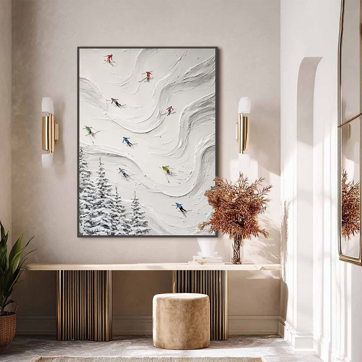 ALPINE RUSH: Textured Impasto Skiing Painting on Canvas