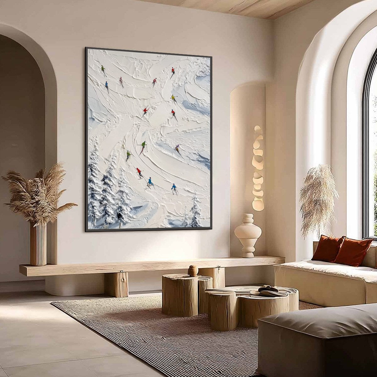 ALPINE RUSH: Textured Impasto Skiing Painting on Canvas