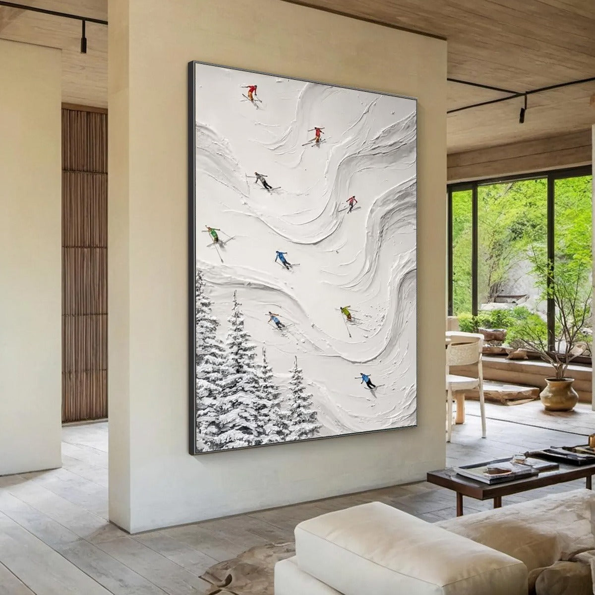 ALPINE RUSH: Textured Impasto Skiing Painting on Canvas