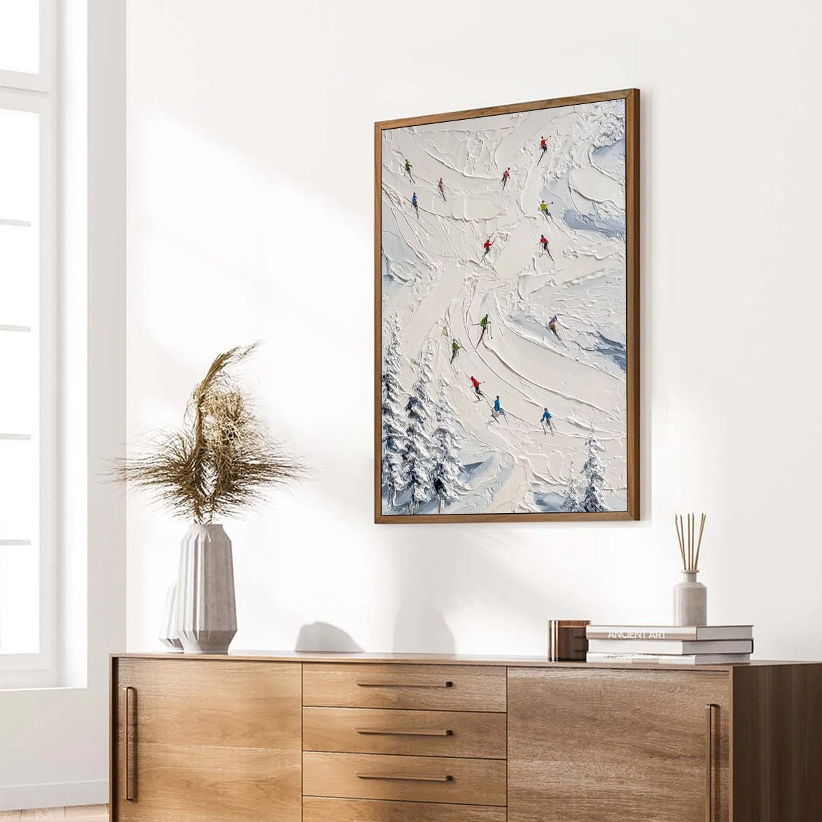 ALPINE RUSH: Textured Impasto Skiing Painting on Canvas