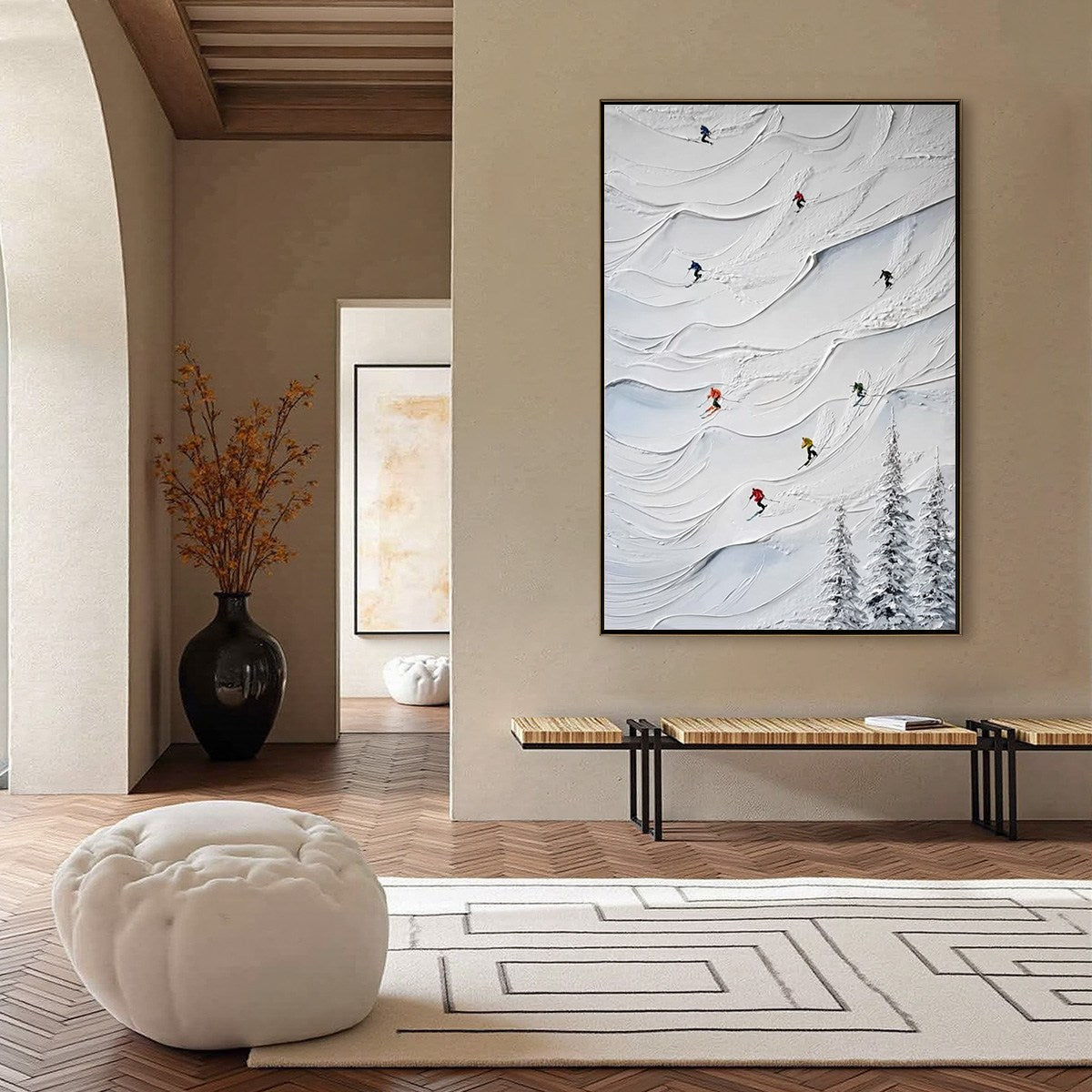 ALPINE RUSH: Textured Impasto Skiing on Snowy Mountain Oil Painting